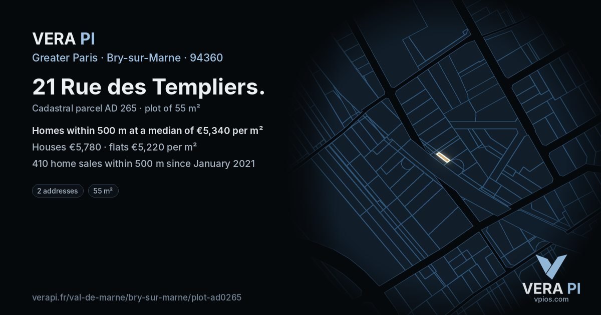 21 Rue des Templiers, Bry-sur-Marne at night – the plot lit, the parcels around coloured by the prices near them