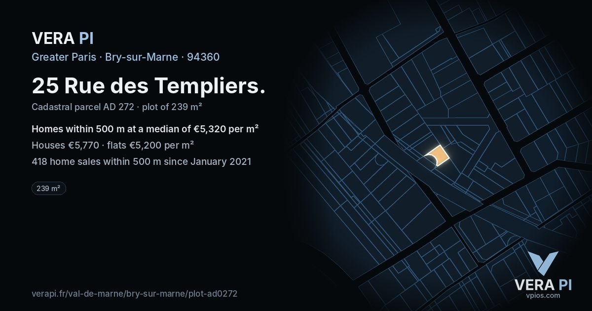 25 Rue des Templiers, Bry-sur-Marne at night – the plot lit, the parcels around coloured by the prices near them