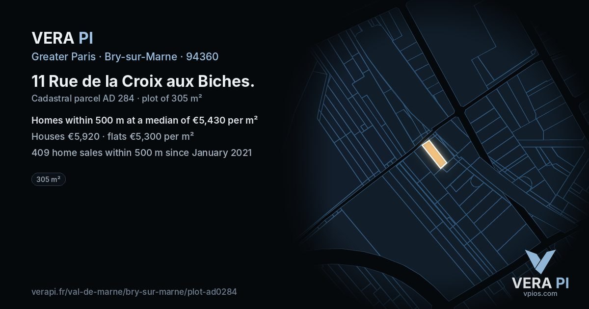 11 Rue de la Croix aux Biches, Bry-sur-Marne at night – the plot lit, the parcels around coloured by the prices near them