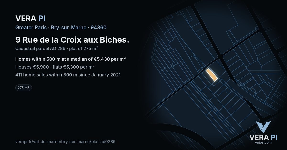 9 Rue de la Croix aux Biches, Bry-sur-Marne at night – the plot lit, the parcels around coloured by the prices near them