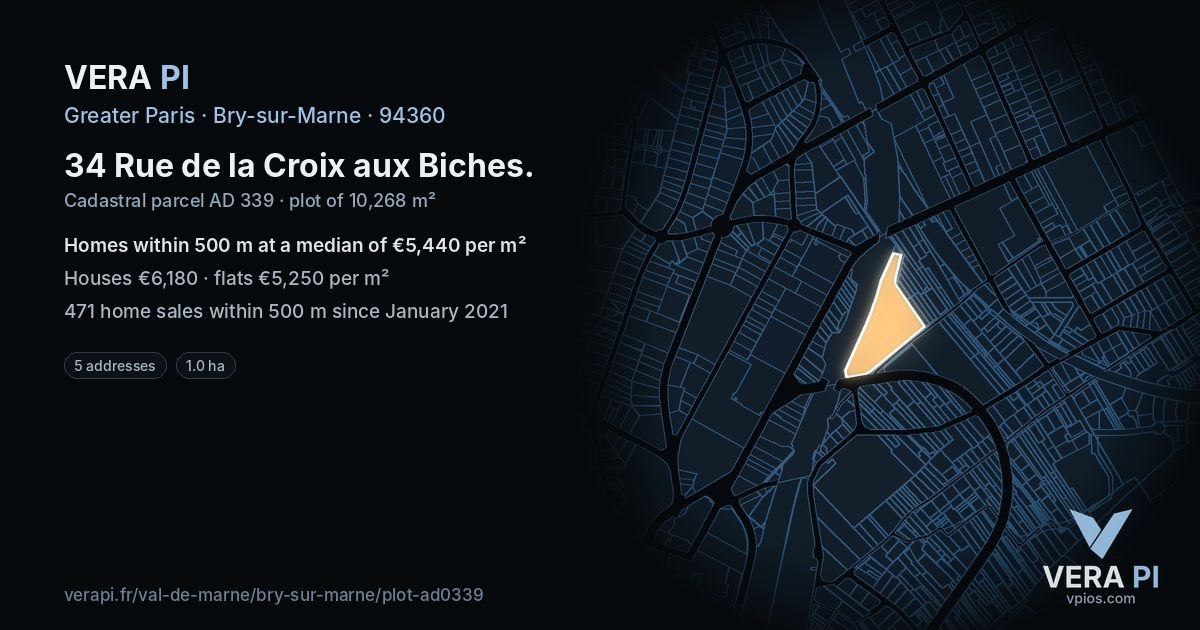 34 Rue de la Croix aux Biches, Bry-sur-Marne at night – the plot lit, the parcels around coloured by the prices near them