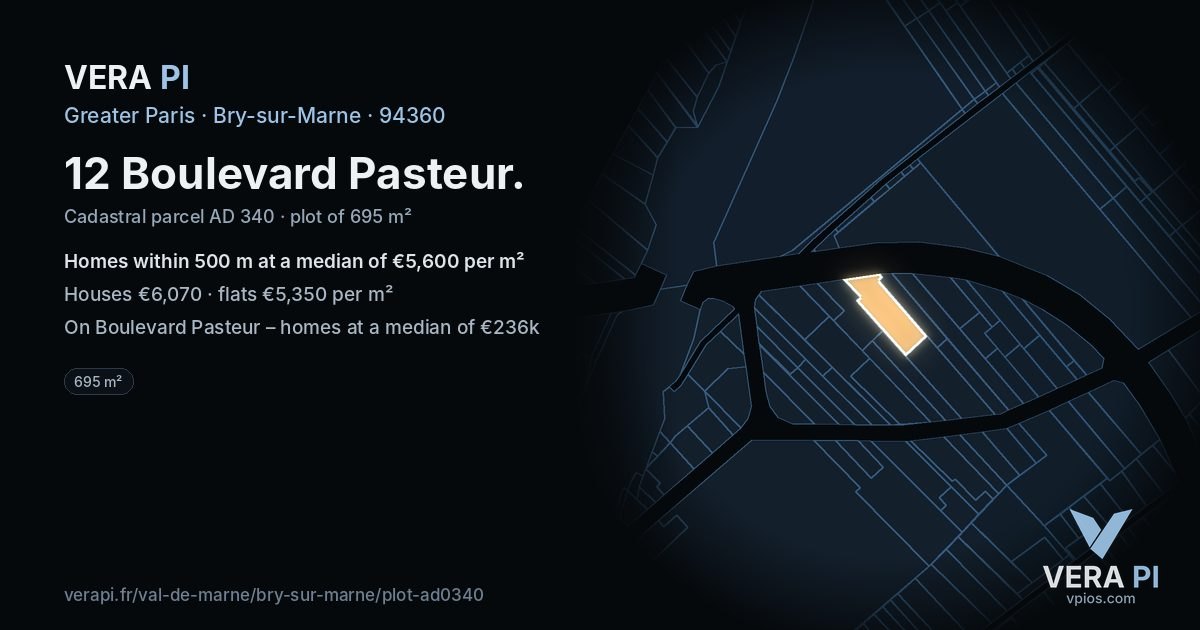 12 Boulevard Pasteur, Bry-sur-Marne at night – the plot lit, the parcels around coloured by the prices near them