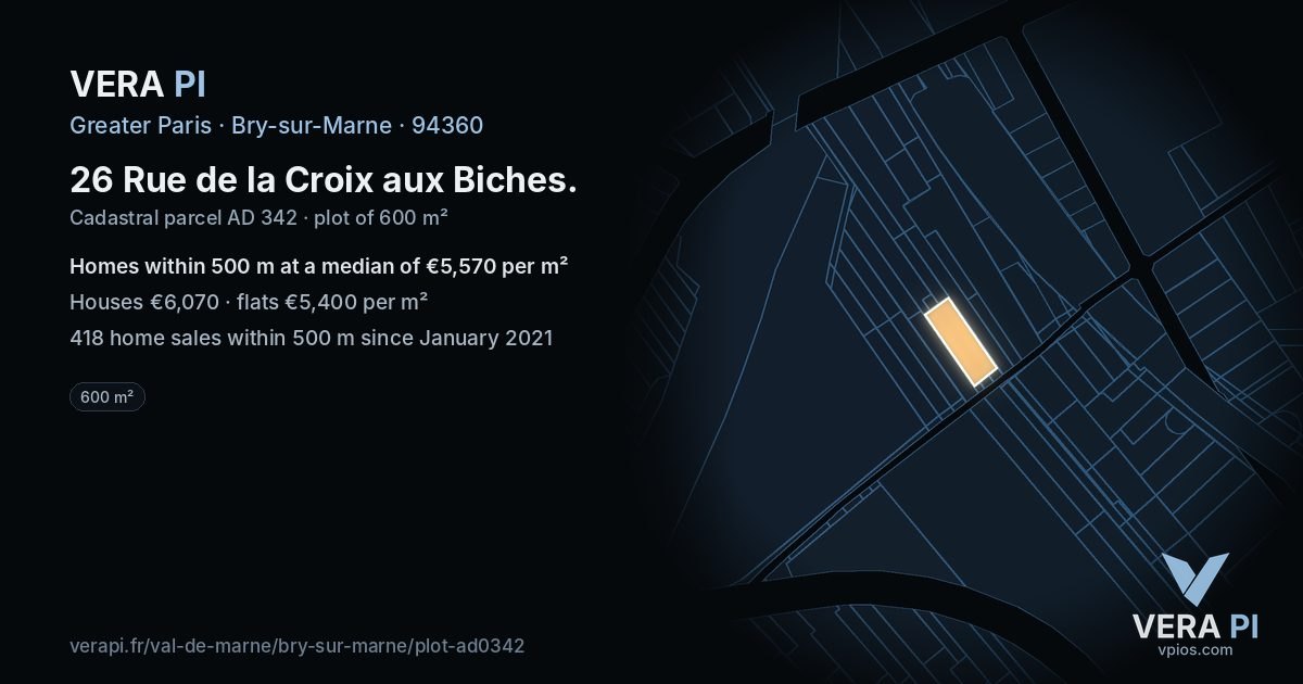 26 Rue de la Croix aux Biches, Bry-sur-Marne at night – the plot lit, the parcels around coloured by the prices near them