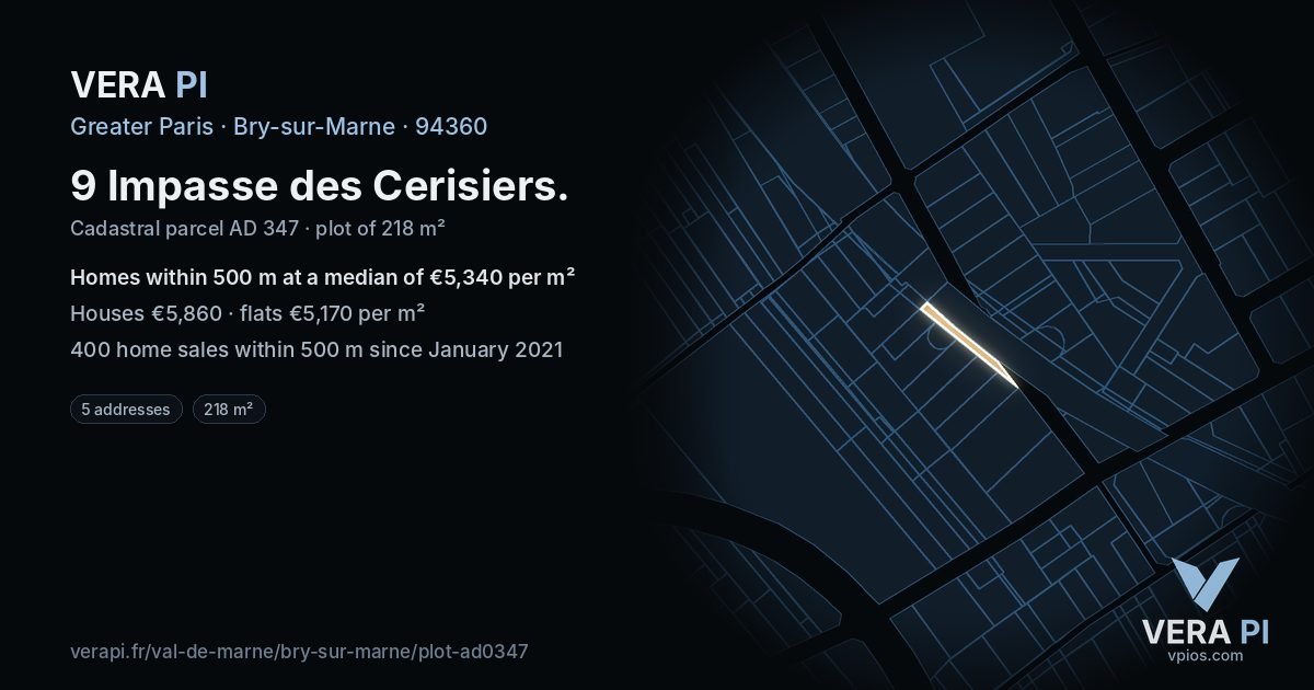 9 Impasse des Cerisiers, Bry-sur-Marne at night – the plot lit, the parcels around coloured by the prices near them