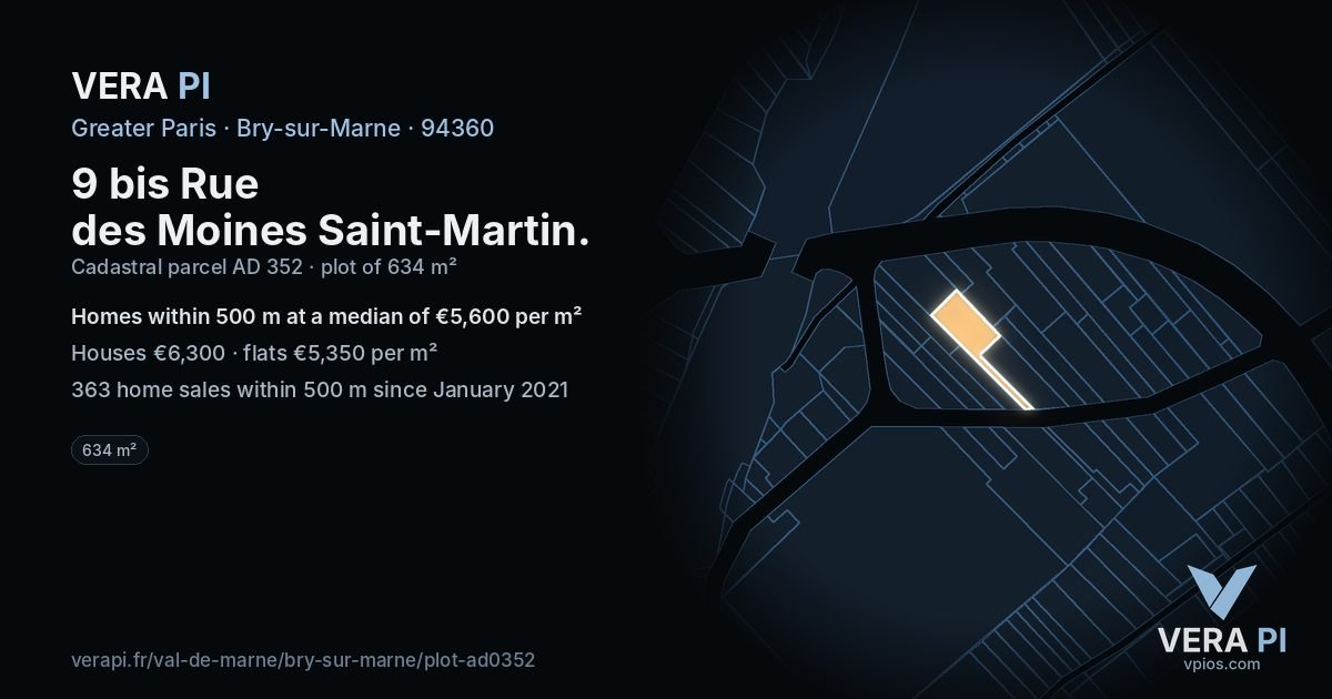 9 bis Rue des Moines Saint-Martin, Bry-sur-Marne at night – the plot lit, the parcels around coloured by the prices near them