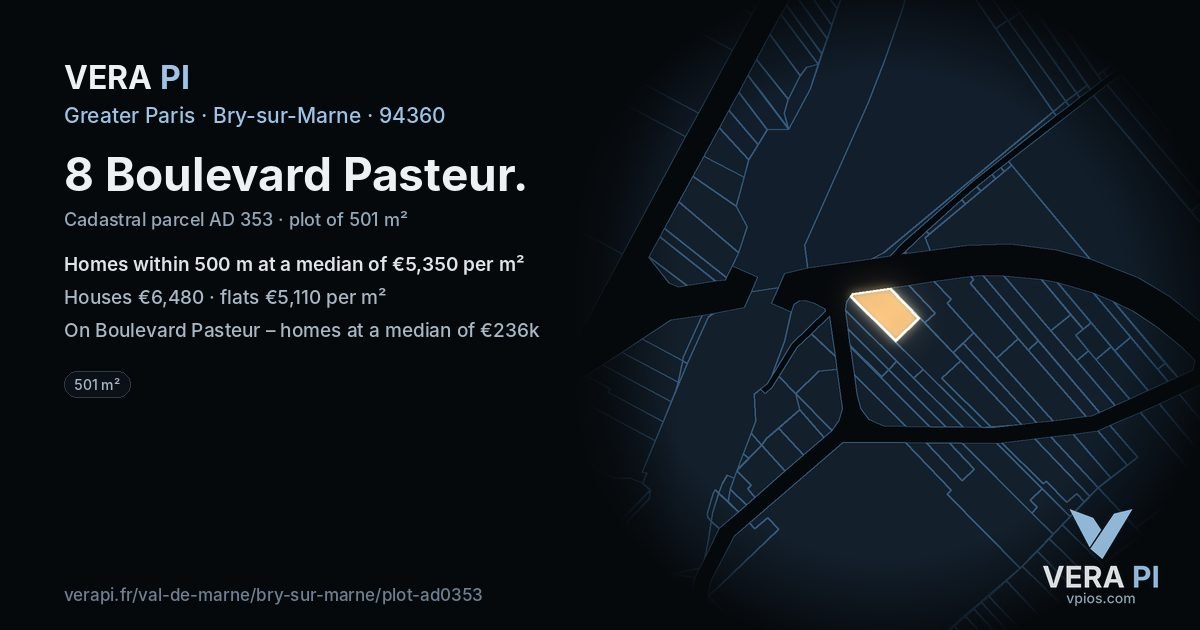 8 Boulevard Pasteur, Bry-sur-Marne at night – the plot lit, the parcels around coloured by the prices near them