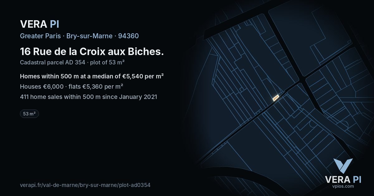 16 Rue de la Croix aux Biches, Bry-sur-Marne at night – the plot lit, the parcels around coloured by the prices near them