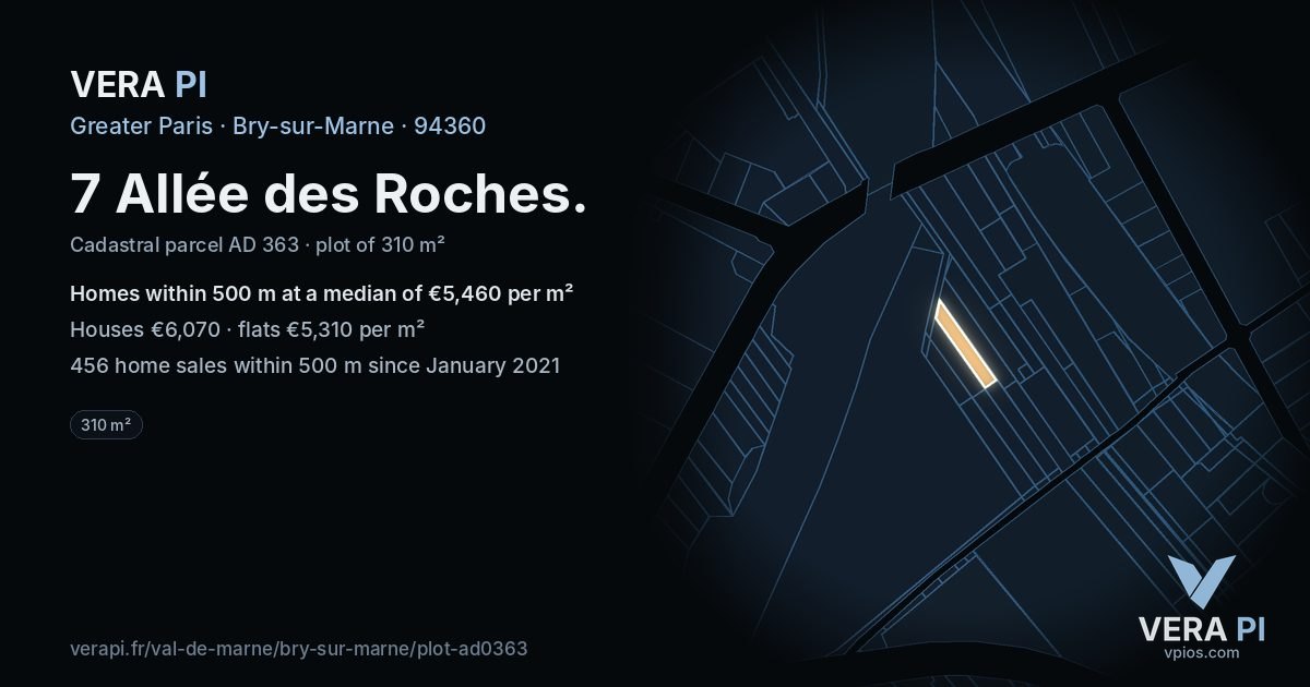 7 Allée des Roches, Bry-sur-Marne at night – the plot lit, the parcels around coloured by the prices near them