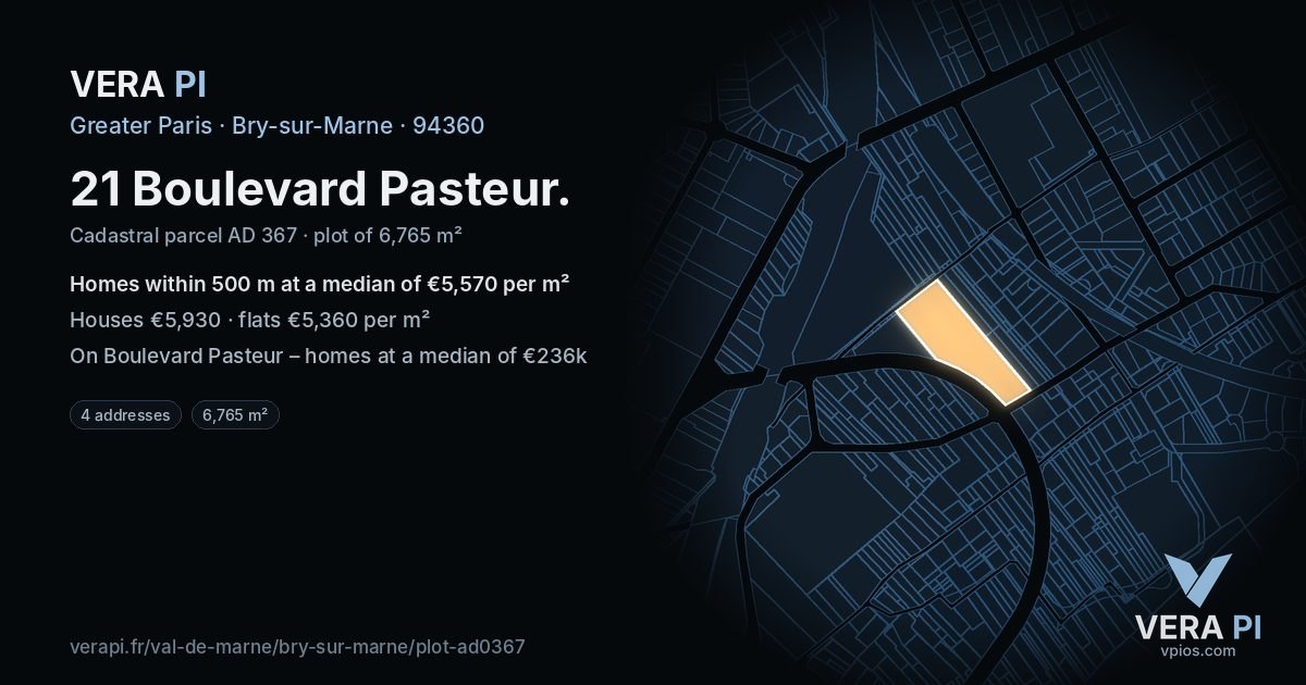 21 Boulevard Pasteur, Bry-sur-Marne at night – the plot lit, the parcels around coloured by the prices near them