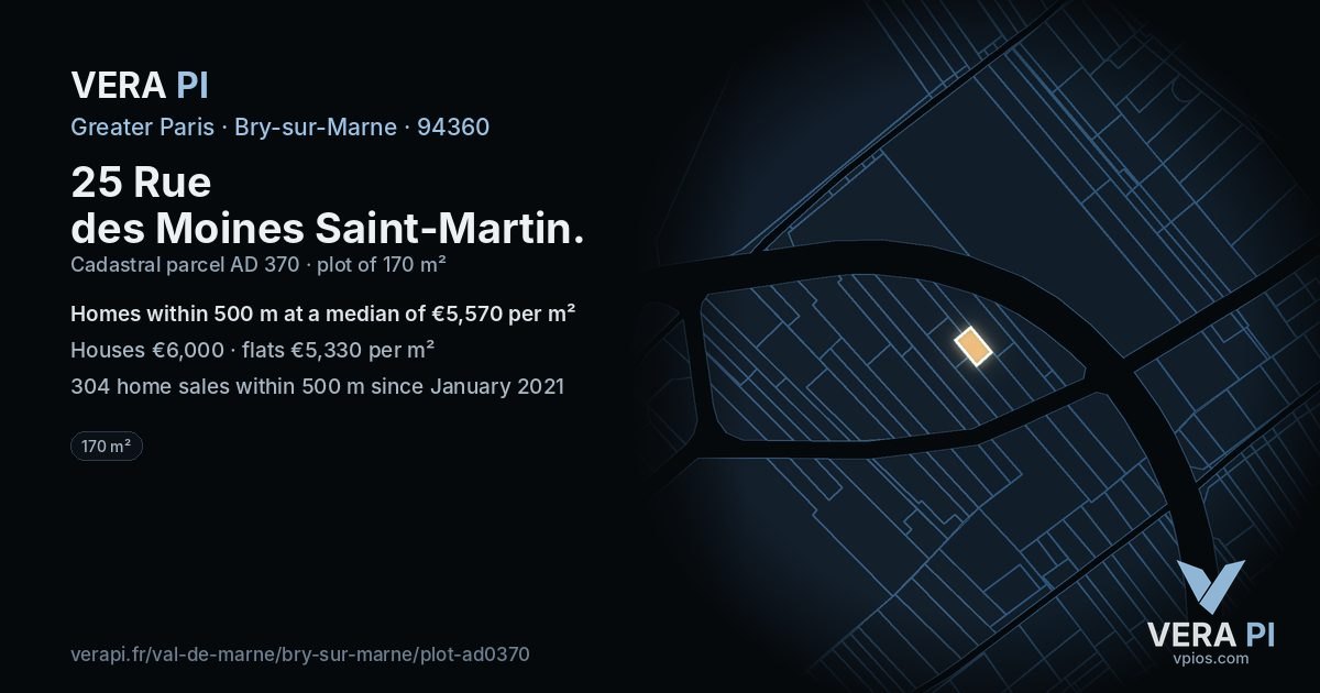 25 Rue des Moines Saint-Martin, Bry-sur-Marne at night – the plot lit, the parcels around coloured by the prices near them