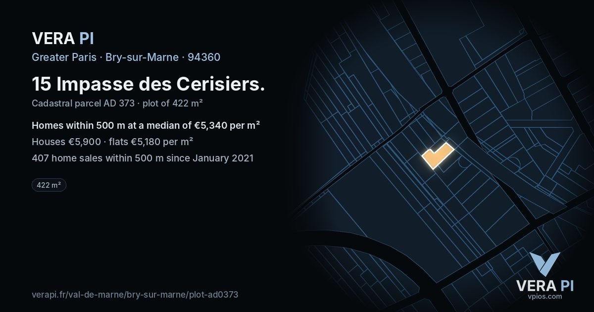15 Impasse des Cerisiers, Bry-sur-Marne at night – the plot lit, the parcels around coloured by the prices near them