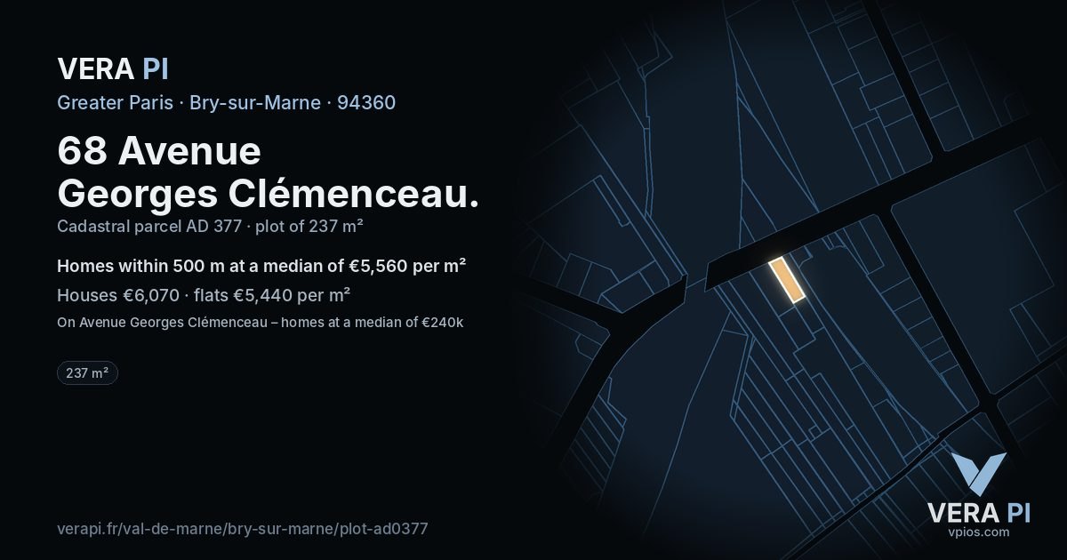 68 Avenue Georges Clémenceau, Bry-sur-Marne at night – the plot lit, the parcels around coloured by the prices near them