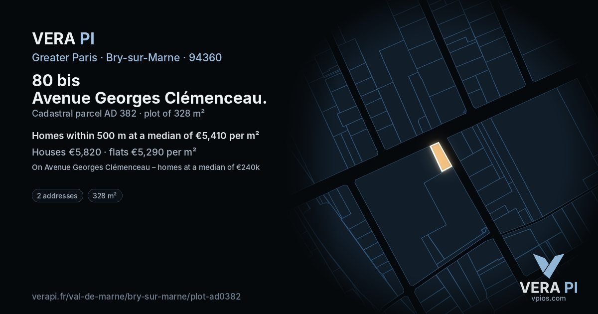 80 bis Avenue Georges Clémenceau, Bry-sur-Marne at night – the plot lit, the parcels around coloured by the prices near them