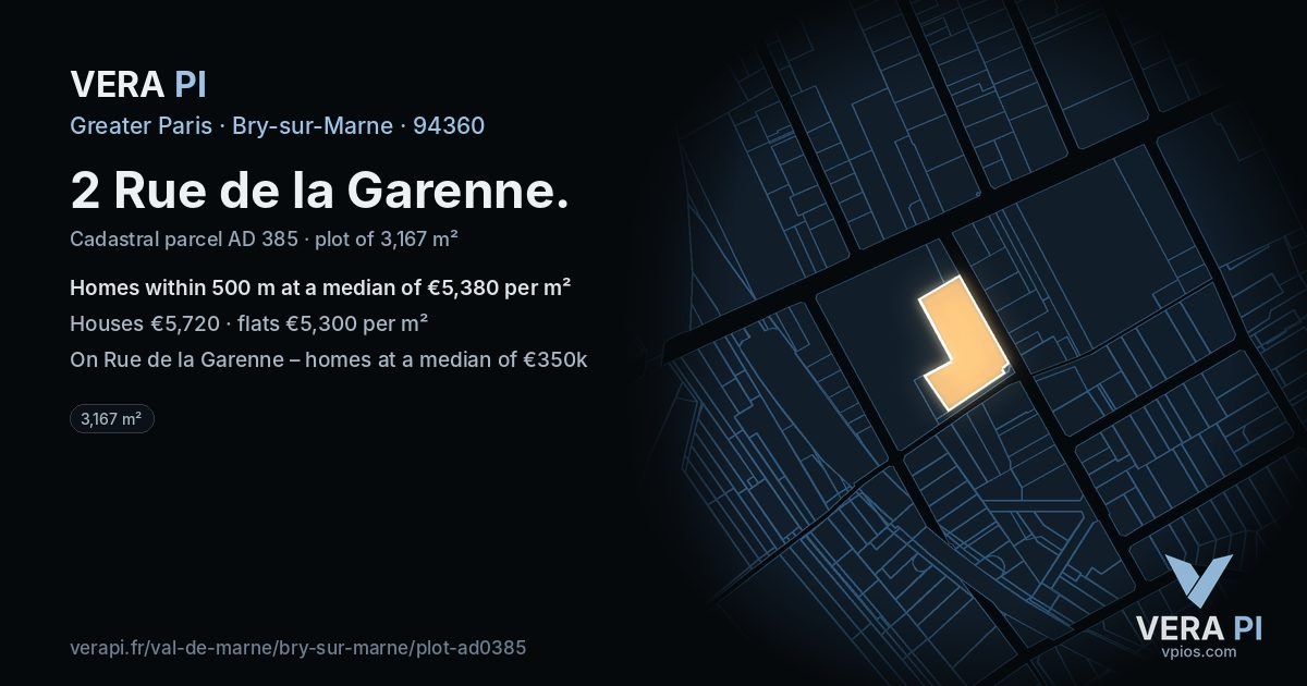 2 Rue de la Garenne, Bry-sur-Marne at night – the plot lit, the parcels around coloured by the prices near them