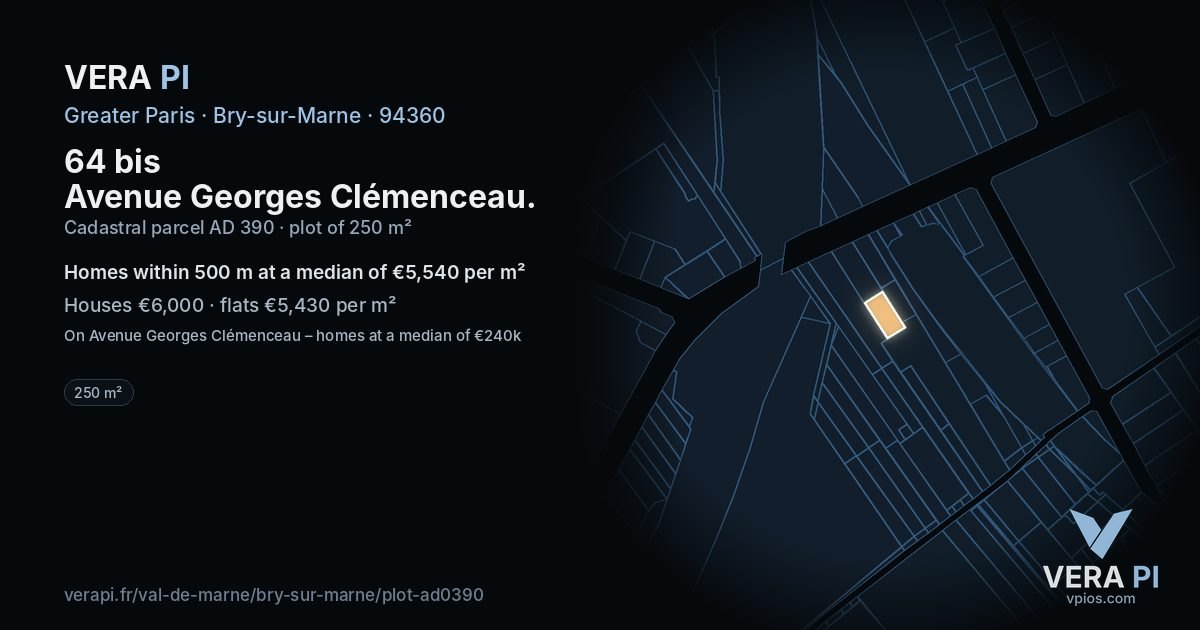 64 bis Avenue Georges Clémenceau, Bry-sur-Marne at night – the plot lit, the parcels around coloured by the prices near them