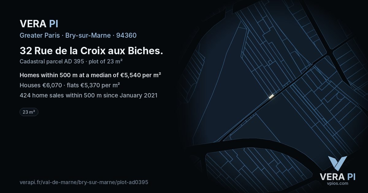 32 Rue de la Croix aux Biches, Bry-sur-Marne at night – the plot lit, the parcels around coloured by the prices near them