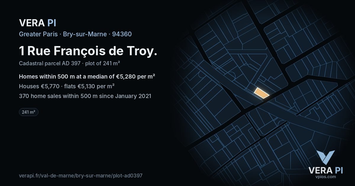 1 Rue François de Troy, Bry-sur-Marne at night – the plot lit, the parcels around coloured by the prices near them
