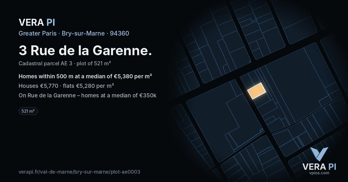 3 Rue de la Garenne, Bry-sur-Marne at night – the plot lit, the parcels around coloured by the prices near them