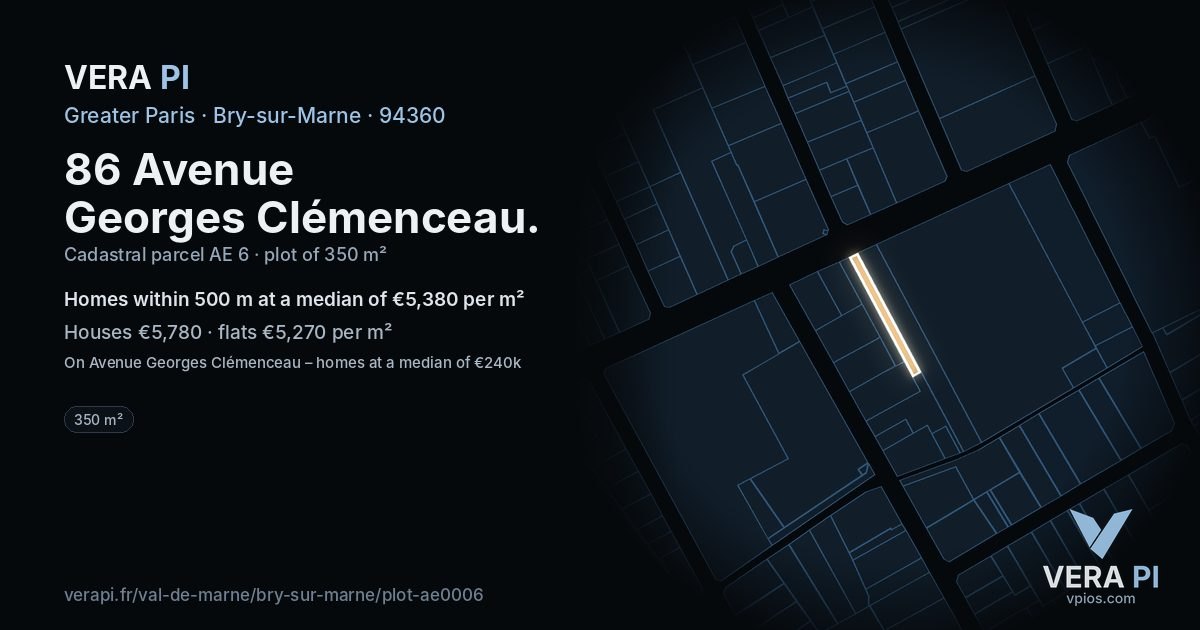 86 Avenue Georges Clémenceau, Bry-sur-Marne at night – the plot lit, the parcels around coloured by the prices near them