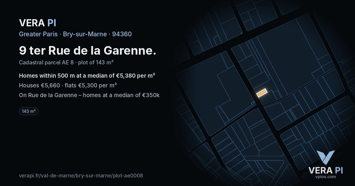 9 ter Rue de la Garenne, Bry-sur-Marne at night – the plot lit, the parcels around coloured by the prices near them