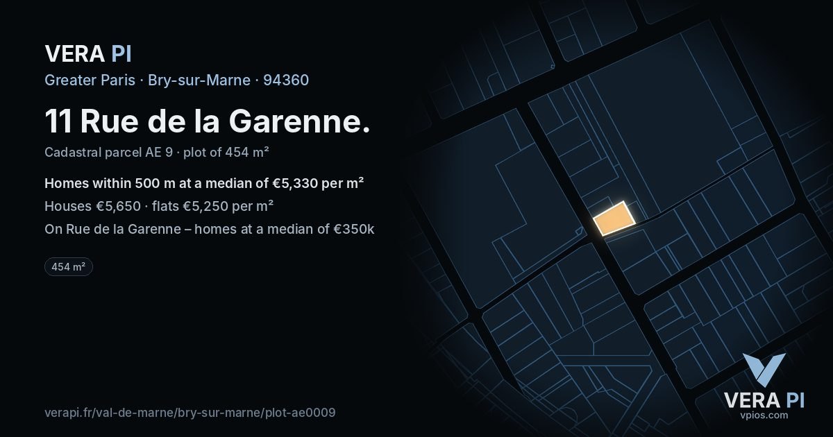 11 Rue de la Garenne, Bry-sur-Marne at night – the plot lit, the parcels around coloured by the prices near them