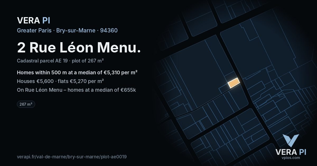2 Rue Léon Menu, Bry-sur-Marne at night – the plot lit, the parcels around coloured by the prices near them