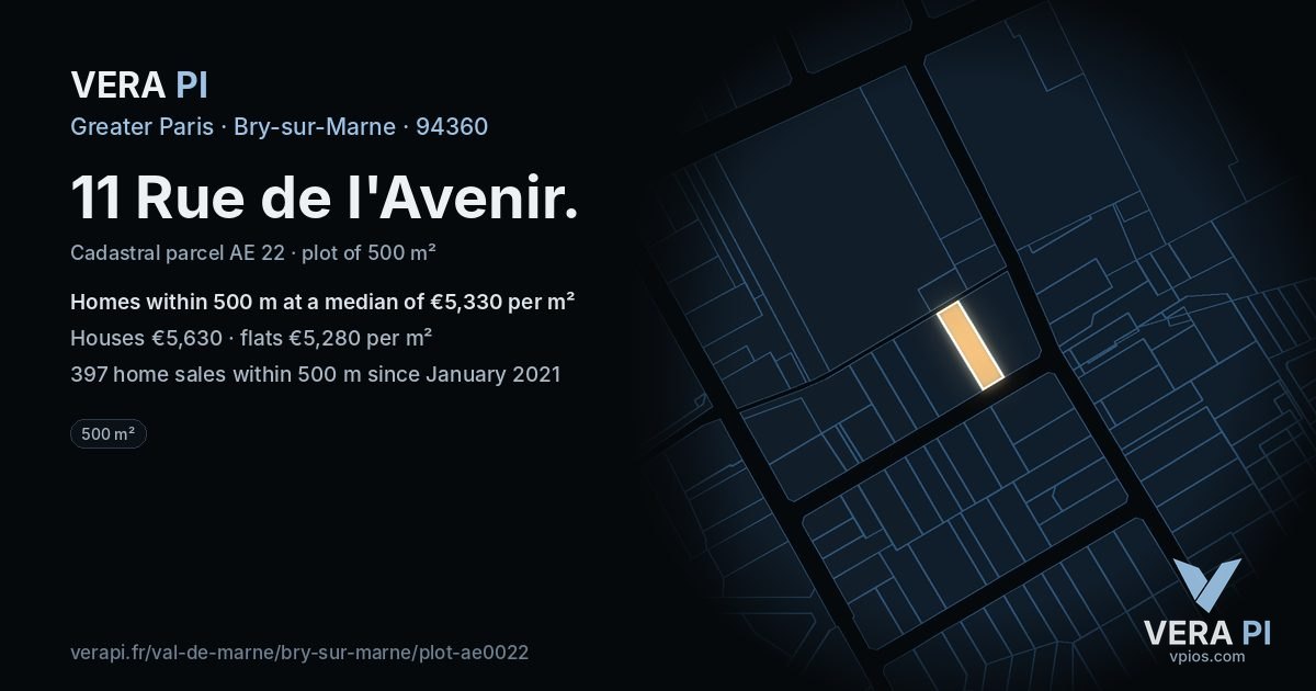 11 Rue de l'Avenir, Bry-sur-Marne at night – the plot lit, the parcels around coloured by the prices near them