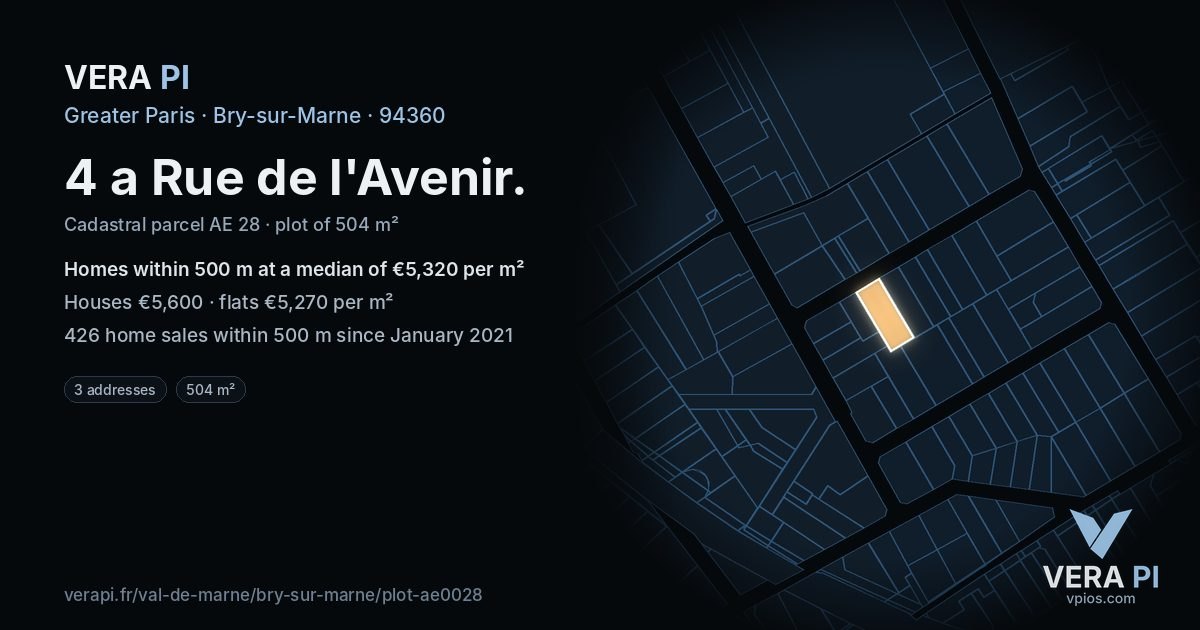 4 a Rue de l'Avenir, Bry-sur-Marne at night – the plot lit, the parcels around coloured by the prices near them