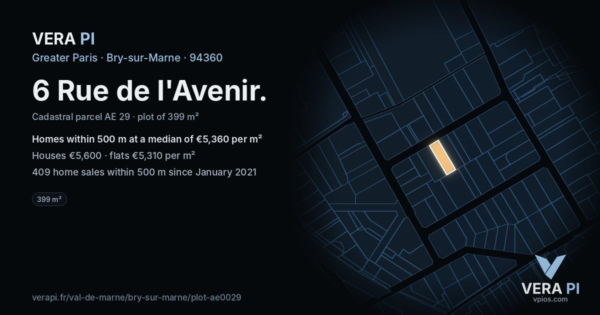 6 Rue de l'Avenir, Bry-sur-Marne at night – the plot lit, the parcels around coloured by the prices near them