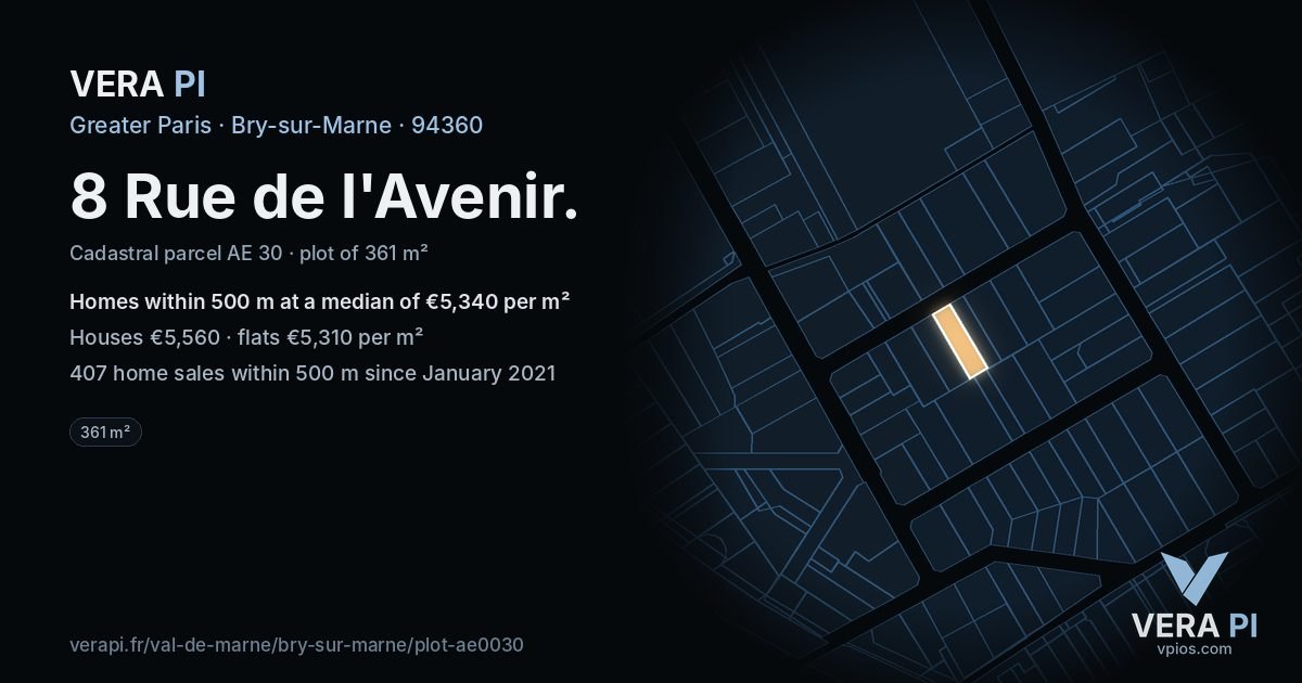 8 Rue de l'Avenir, Bry-sur-Marne at night – the plot lit, the parcels around coloured by the prices near them