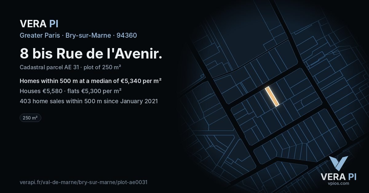 8 bis Rue de l'Avenir, Bry-sur-Marne at night – the plot lit, the parcels around coloured by the prices near them