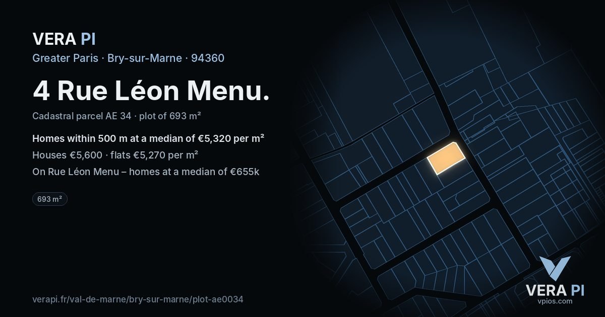4 Rue Léon Menu, Bry-sur-Marne at night – the plot lit, the parcels around coloured by the prices near them