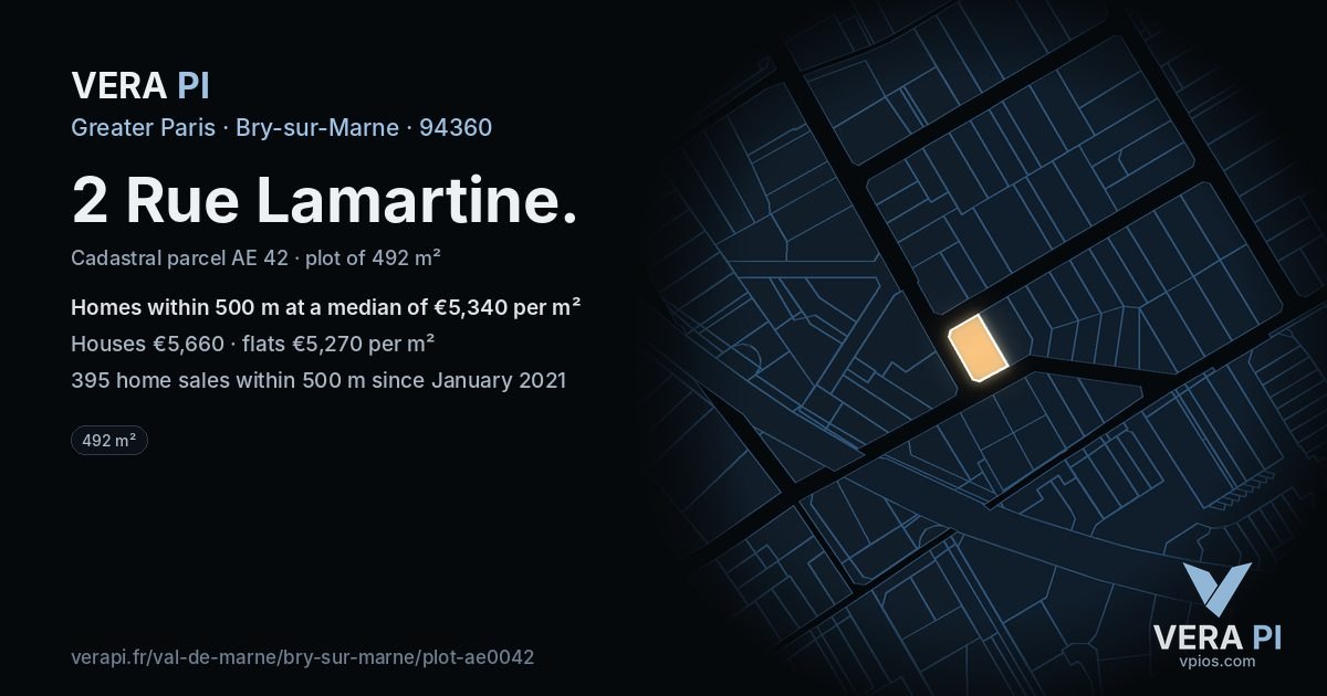 2 Rue Lamartine, Bry-sur-Marne at night – the plot lit, the parcels around coloured by the prices near them