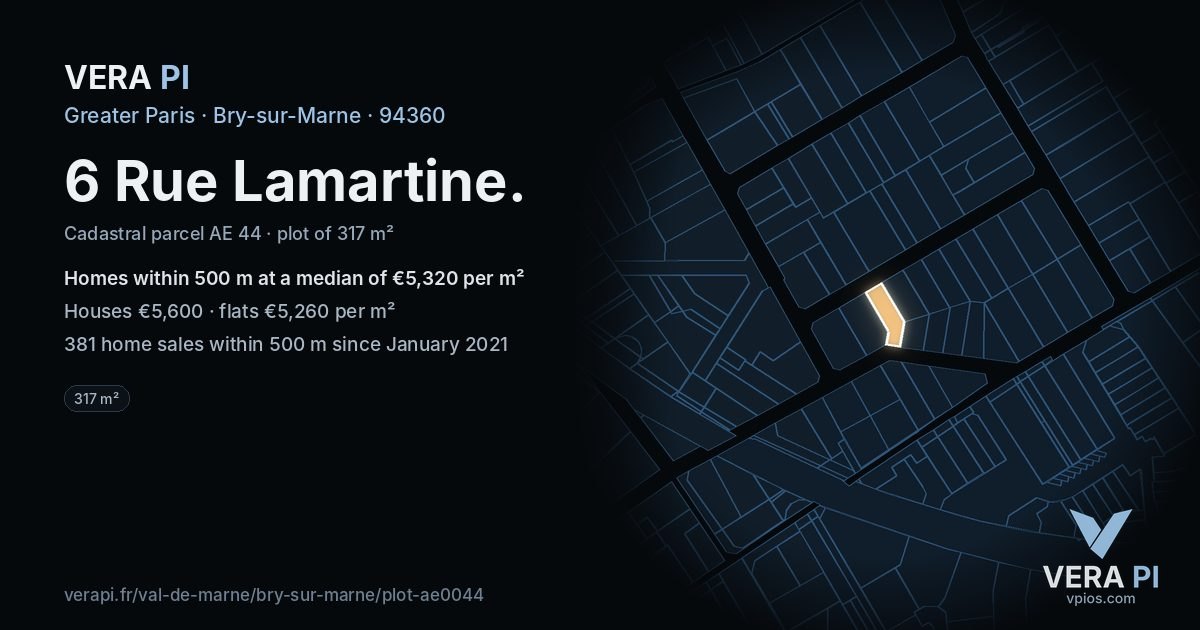 6 Rue Lamartine, Bry-sur-Marne at night – the plot lit, the parcels around coloured by the prices near them
