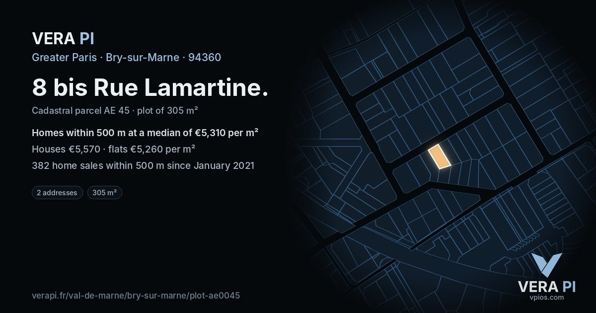 8 bis Rue Lamartine, Bry-sur-Marne at night – the plot lit, the parcels around coloured by the prices near them