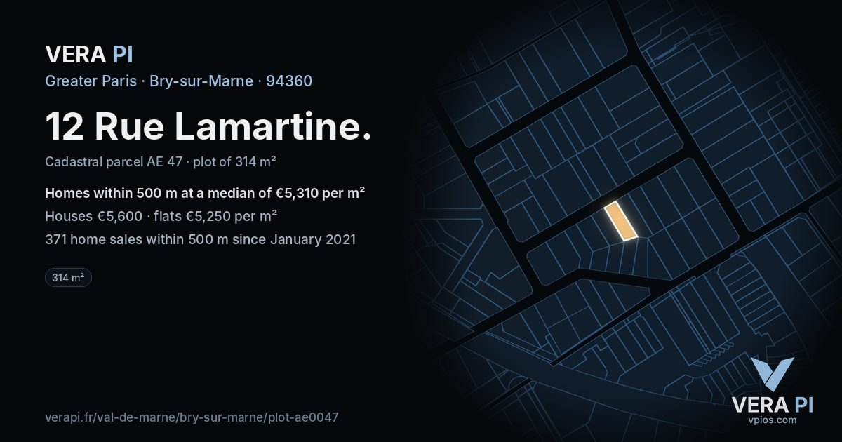 12 Rue Lamartine, Bry-sur-Marne at night – the plot lit, the parcels around coloured by the prices near them