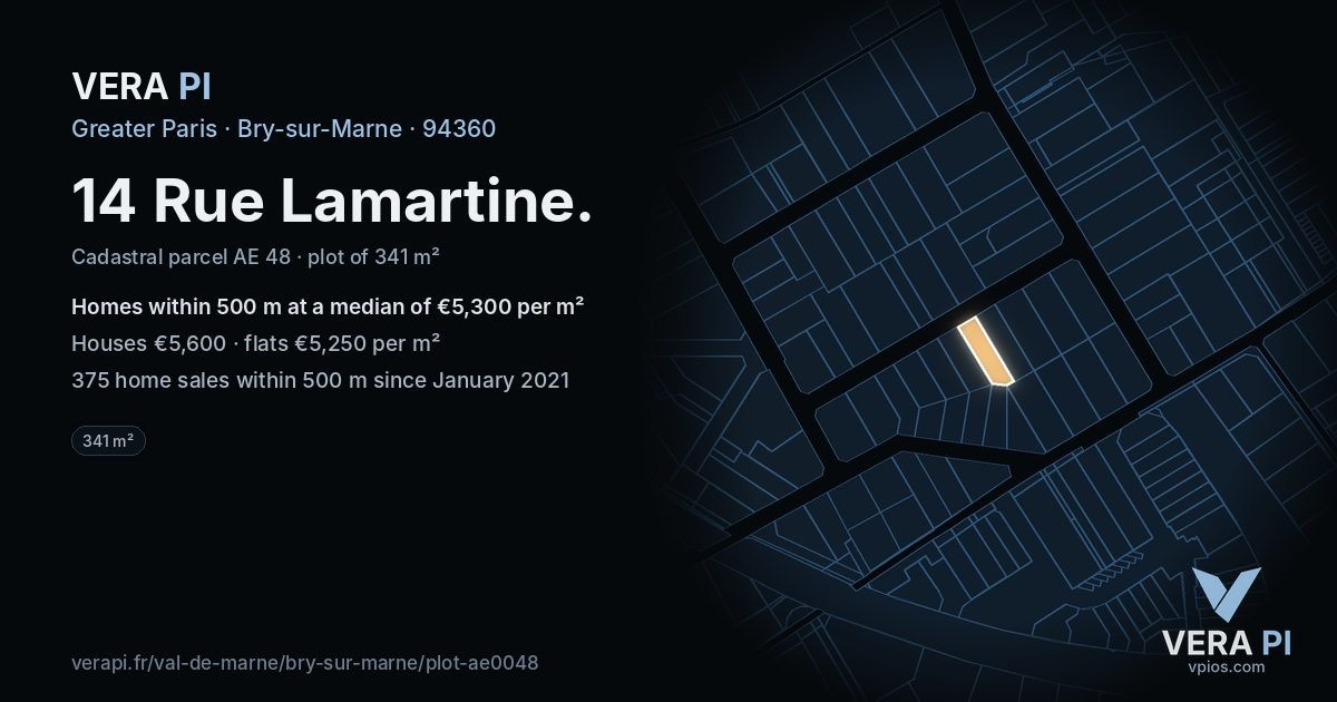 14 Rue Lamartine, Bry-sur-Marne at night – the plot lit, the parcels around coloured by the prices near them