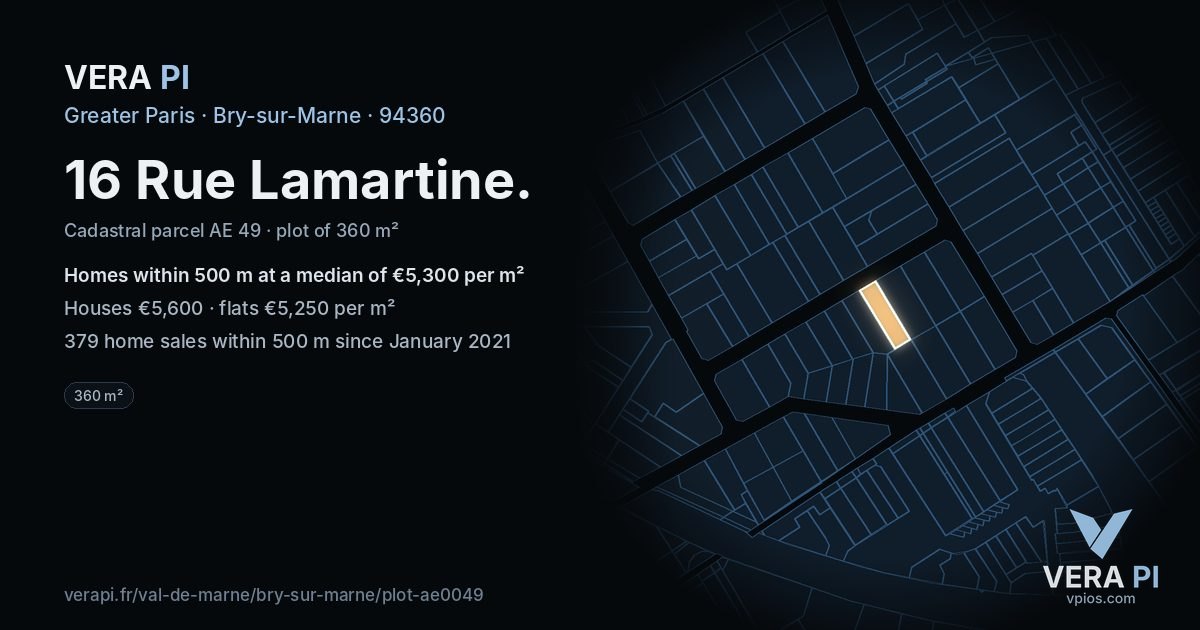 16 Rue Lamartine, Bry-sur-Marne at night – the plot lit, the parcels around coloured by the prices near them
