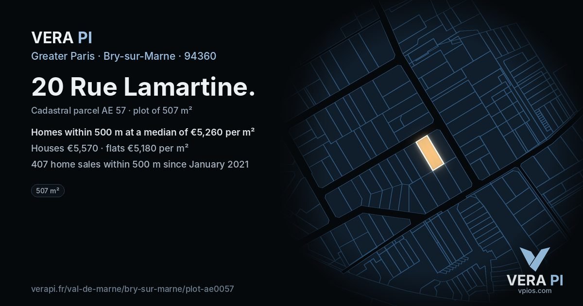 20 Rue Lamartine, Bry-sur-Marne at night – the plot lit, the parcels around coloured by the prices near them