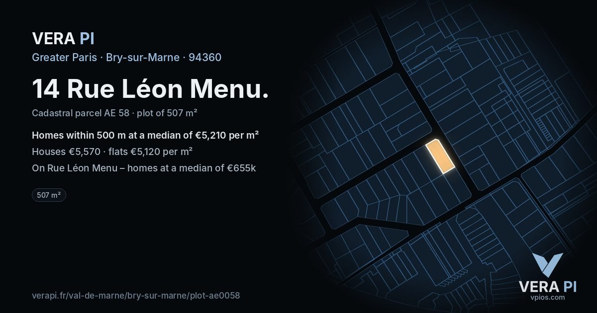 14 Rue Léon Menu, Bry-sur-Marne at night – the plot lit, the parcels around coloured by the prices near them