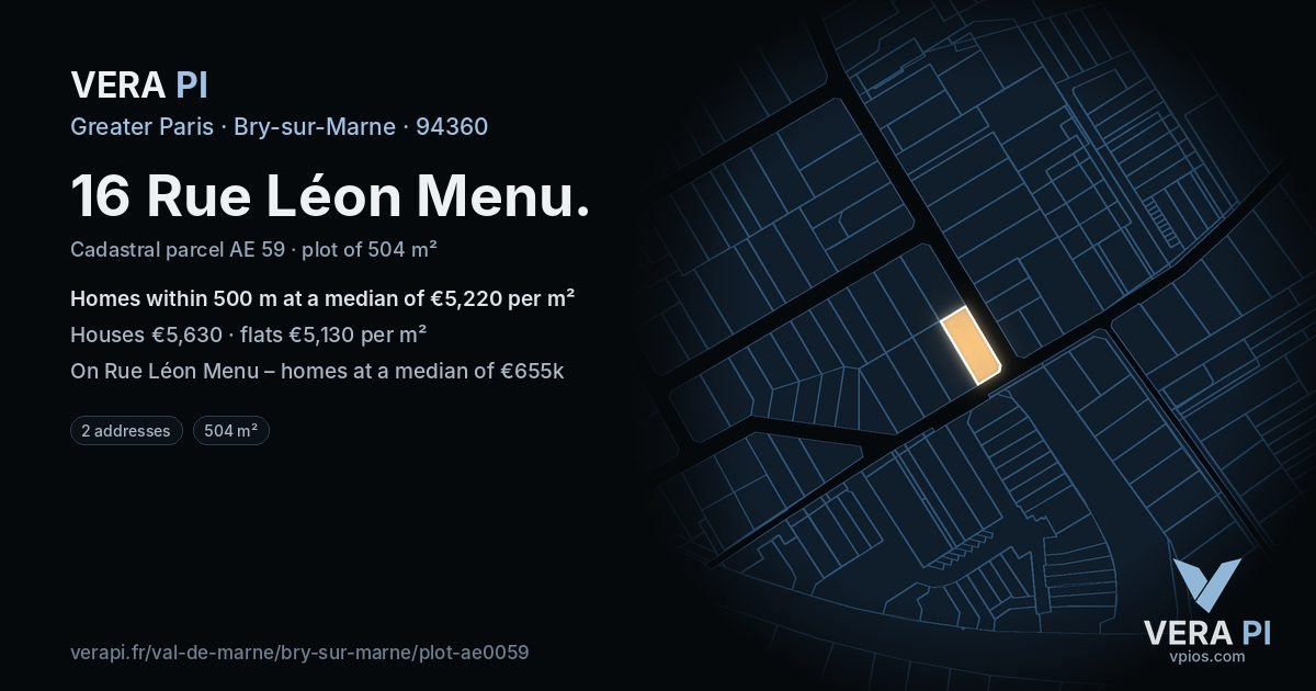 16 Rue Léon Menu, Bry-sur-Marne at night – the plot lit, the parcels around coloured by the prices near them