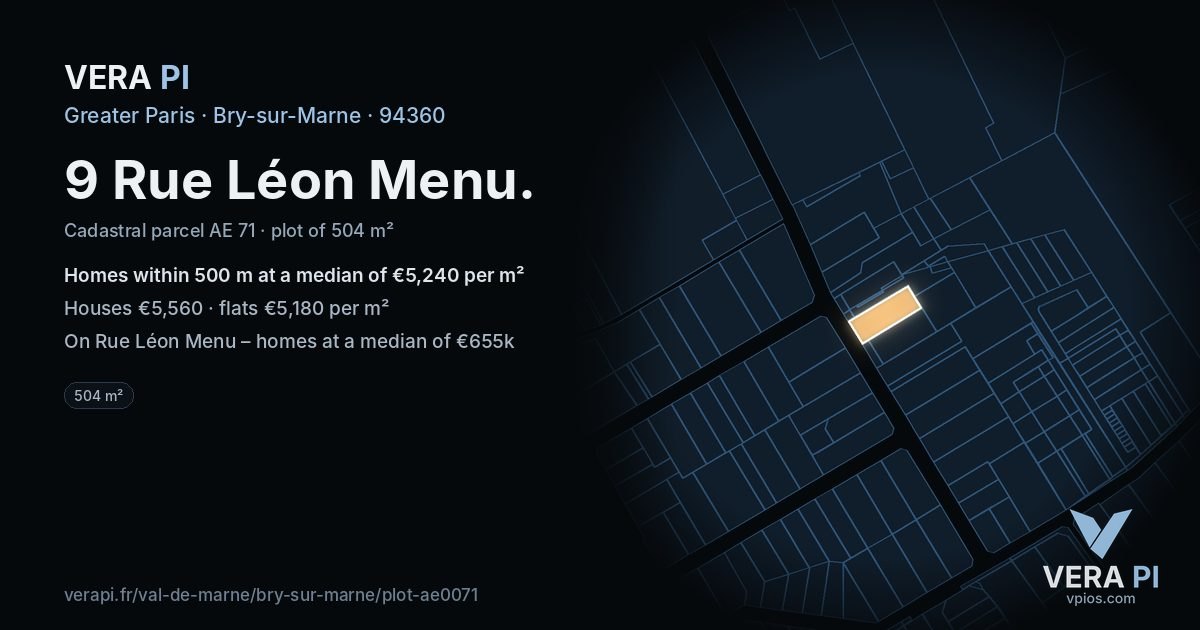 9 Rue Léon Menu, Bry-sur-Marne at night – the plot lit, the parcels around coloured by the prices near them