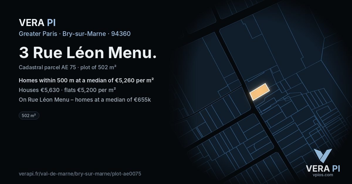 3 Rue Léon Menu, Bry-sur-Marne at night – the plot lit, the parcels around coloured by the prices near them