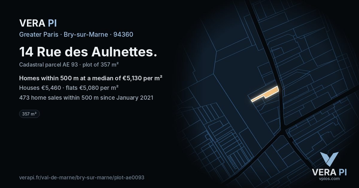 14 Rue des Aulnettes, Bry-sur-Marne at night – the plot lit, the parcels around coloured by the prices near them