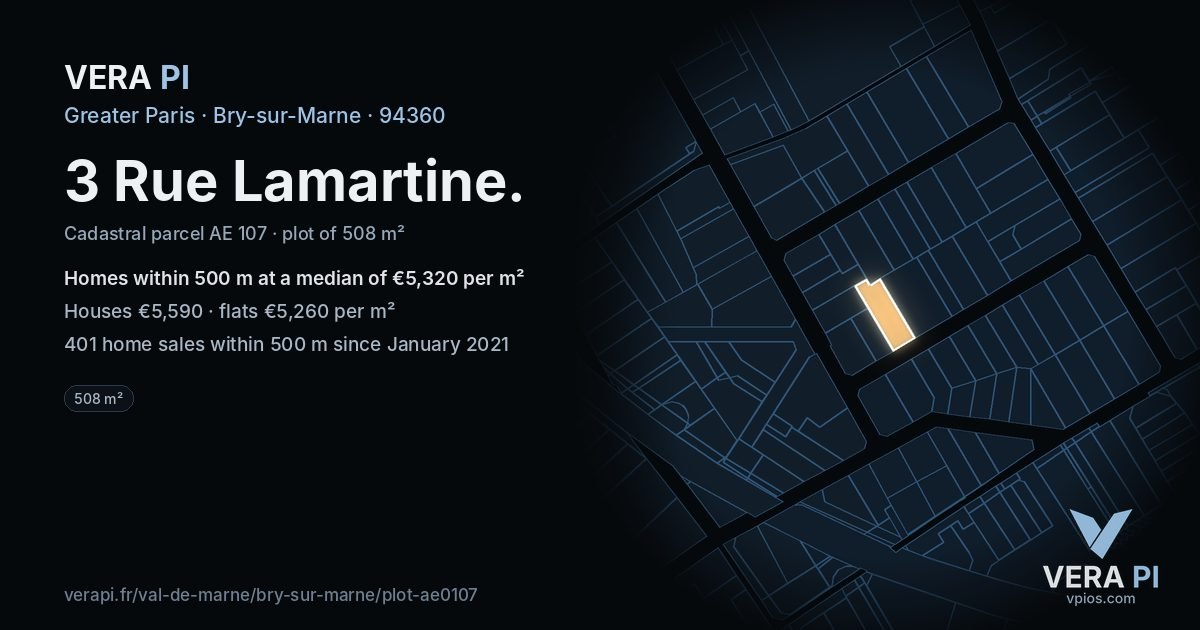 3 Rue Lamartine, Bry-sur-Marne at night – the plot lit, the parcels around coloured by the prices near them