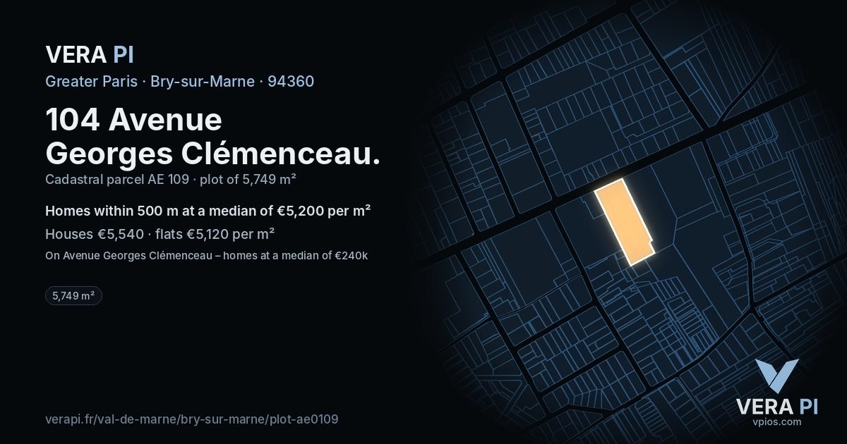 104 Avenue Georges Clémenceau, Bry-sur-Marne at night – the plot lit, the parcels around coloured by the prices near them