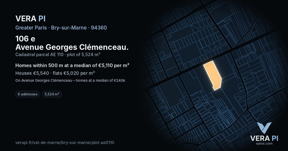 106 e Avenue Georges Clémenceau, Bry-sur-Marne at night – the plot lit, the parcels around coloured by the prices near them