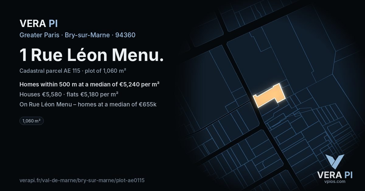 1 Rue Léon Menu, Bry-sur-Marne at night – the plot lit, the parcels around coloured by the prices near them