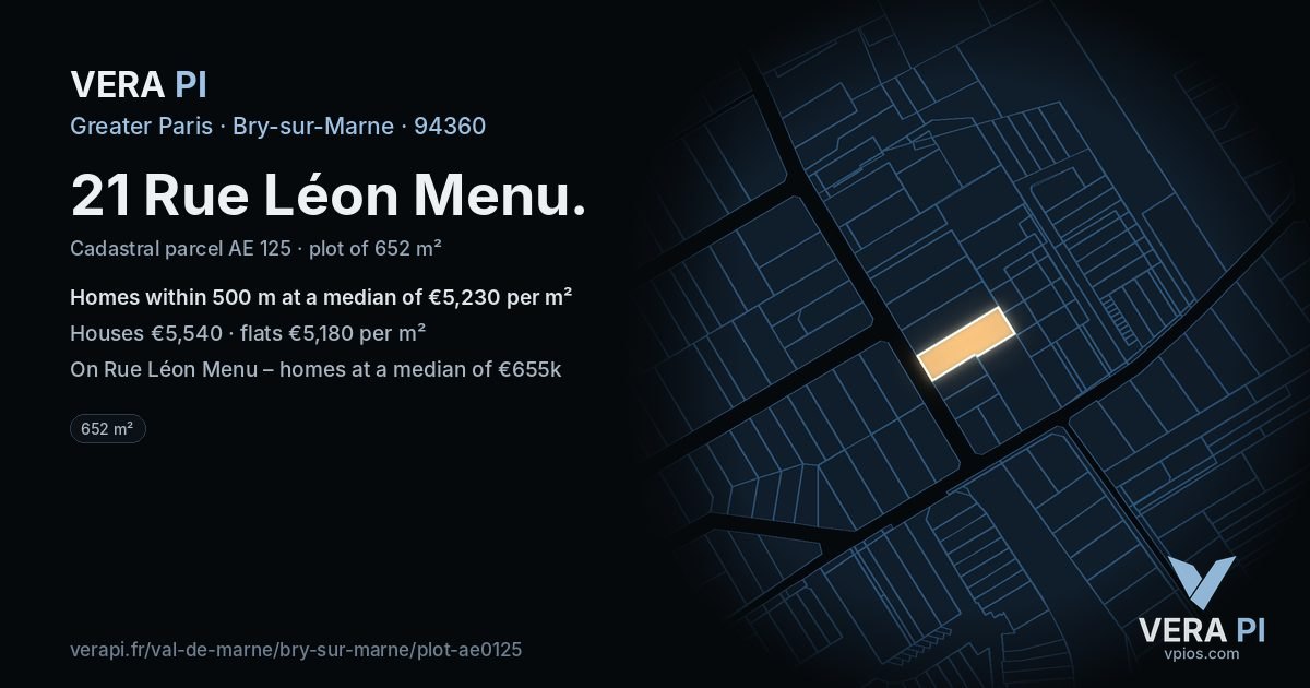 21 Rue Léon Menu, Bry-sur-Marne at night – the plot lit, the parcels around coloured by the prices near them