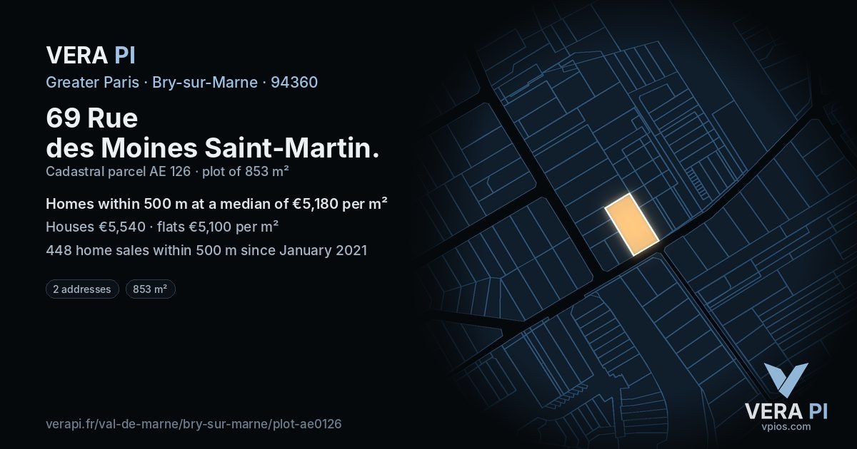 69 Rue des Moines Saint-Martin, Bry-sur-Marne at night – the plot lit, the parcels around coloured by the prices near them